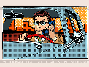 Retro driver talking on cell phone - vector clip art