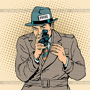 Journalist takes on retro camera. Paparazzi snoopin - royalty-free vector clipart