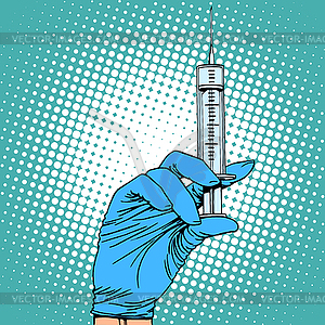 Hand with syringe injection vaccination medicine - vector image