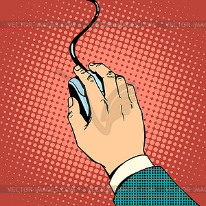 Hand on computer mouse - vector clip art