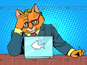 Business cat works for laptop - vector clipart