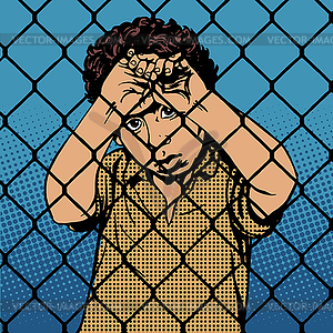Ребенок мальчик мигранты беженцев за решеткой тюрьмы - векторный клипарт EPS