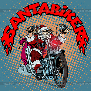 Santa Claus biker motorcycle Christmas gifts - vector image