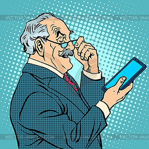 Старик гаджеты пожилых бизнесмен новый планшет - векторная иллюстрация