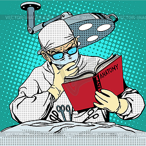 Surgeon before surgery is reading anatomy. - vector clipart