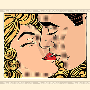 Ретро мужчина и женщина поцелуй любовь пара - векторизованный клипарт