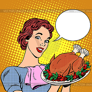 Woman with Christmas Turkey thanksgiving - vector image