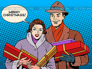 Happy couple with Christmas gifts - vector clipart