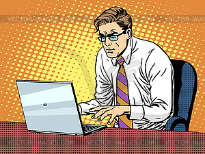 Businessman working on laptop - vector clip art