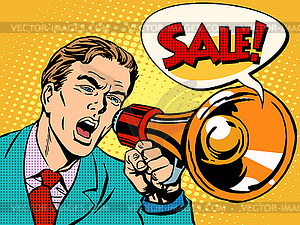 Agitator with megaphone announces sale - vector image