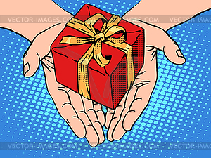 Male hands heart shape gift box - vector clipart
