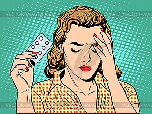 Woman with headache pills - vector clip art