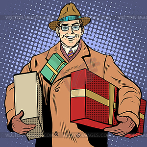 Joyful man with gifts holiday greetings - vector image