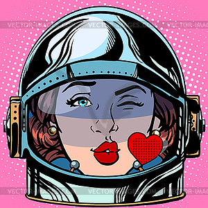 Смайлик поцелуй любовь эмодзи лицо женщина-космонавт ретро - векторный клипарт Royalty-Free