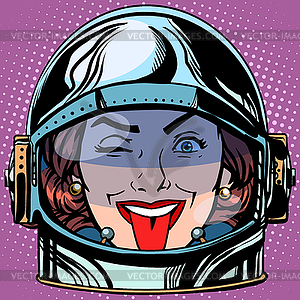 Emoticon tongue Emoji face woman astronaut retro - vector clip art