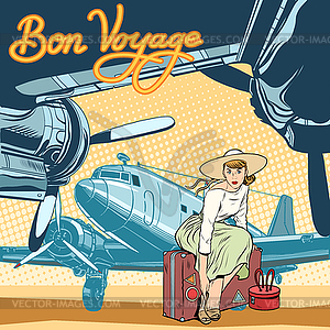 Bon voyage beautiful girl on runway - vector image