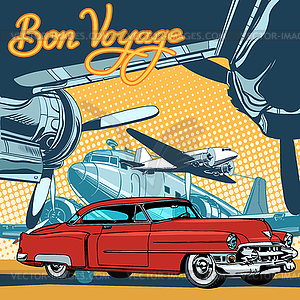 Retro red car on runway pop art retro style - vector clipart