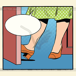 Retro woman holding door open - vector image
