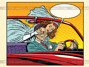 Wedding trip bride groom car - vector clip art