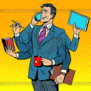 Business successful businessman multitasking - vector clip art