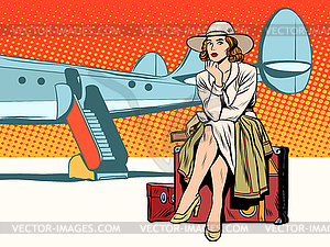Туристическая девушка сидит на чемодане, путешествуя по - векторизованное изображение клипарта