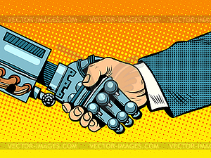 Handshake of robot and man. New technologies - vector clipart