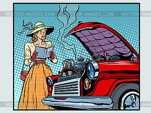 Sad woman driver near broken car - vector image