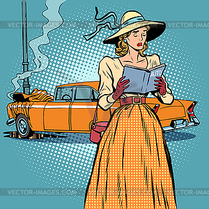 Woman crash car retro funny - stock vector clipart