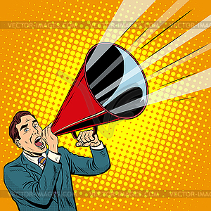 Businessman agitator with megaphone pipe - vector clipart