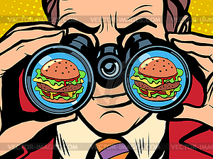 Голодный человек хочет Burger - векторное изображение клипарта
