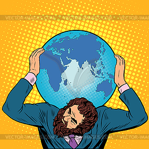 Atlas businessman holds Earth on his shoulders - vector clipart