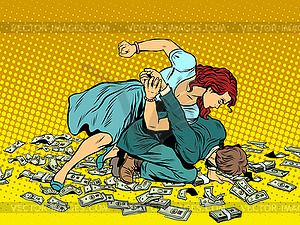 Woman beats man in fight for money - vector image