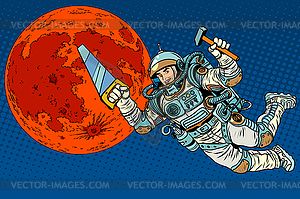 Astronaut with tools for building colony on Mars - vector image