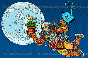 Colonization moon astronaut plants - vector clip art