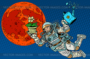 Ecology and science Mars astronaut plants irrigation - vector image