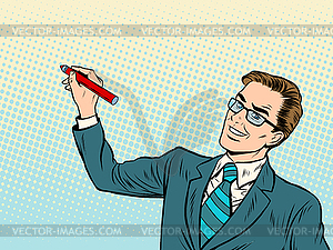 Male business coach draws on background - vector image