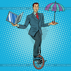 Businessman on unicycle business balance - vector image