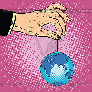 Planet earth in hand on rope - vector clip art