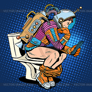 Astronaut thinker on toilet reading smartphone - vector clipart