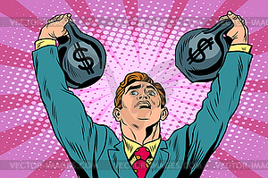 Businessman strongman lifts weights money - color vector clipart