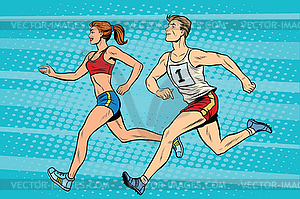 Man woman athletes running track and field summer - vector clip art