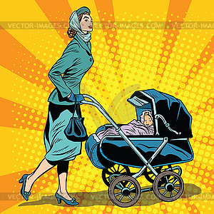 Mom and stroller with baby - vector clip art