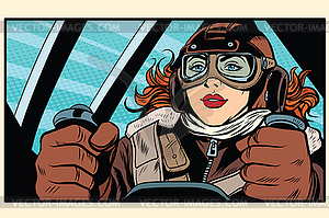 Girl retro pilot on plane - vector clip art