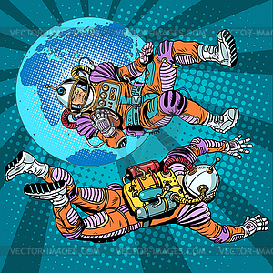 Weightlessness astronauts in space over earth - vector image