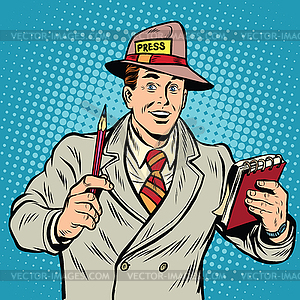 Positive retro journalist interviews press media - vector clipart / vector image