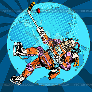 Astronaut plays hockey over planet Earth - vector clipart