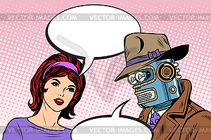 Couple man robot and beautiful woman - vector clipart