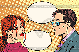 Male and female dialogue before kiss - vector image