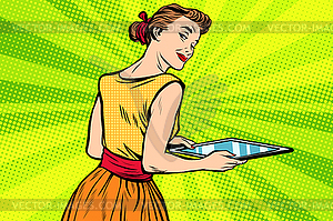 Service girl waitress with tray - vector clip art