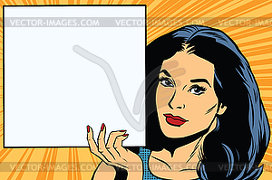 Woman holding blank poster pop art - vector clip art